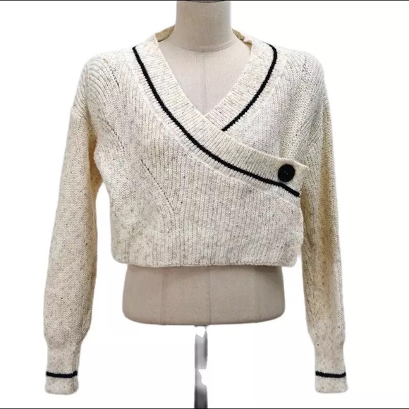 Sweater knit cream womens button short long sleeve top French style - Picture 7 of 7